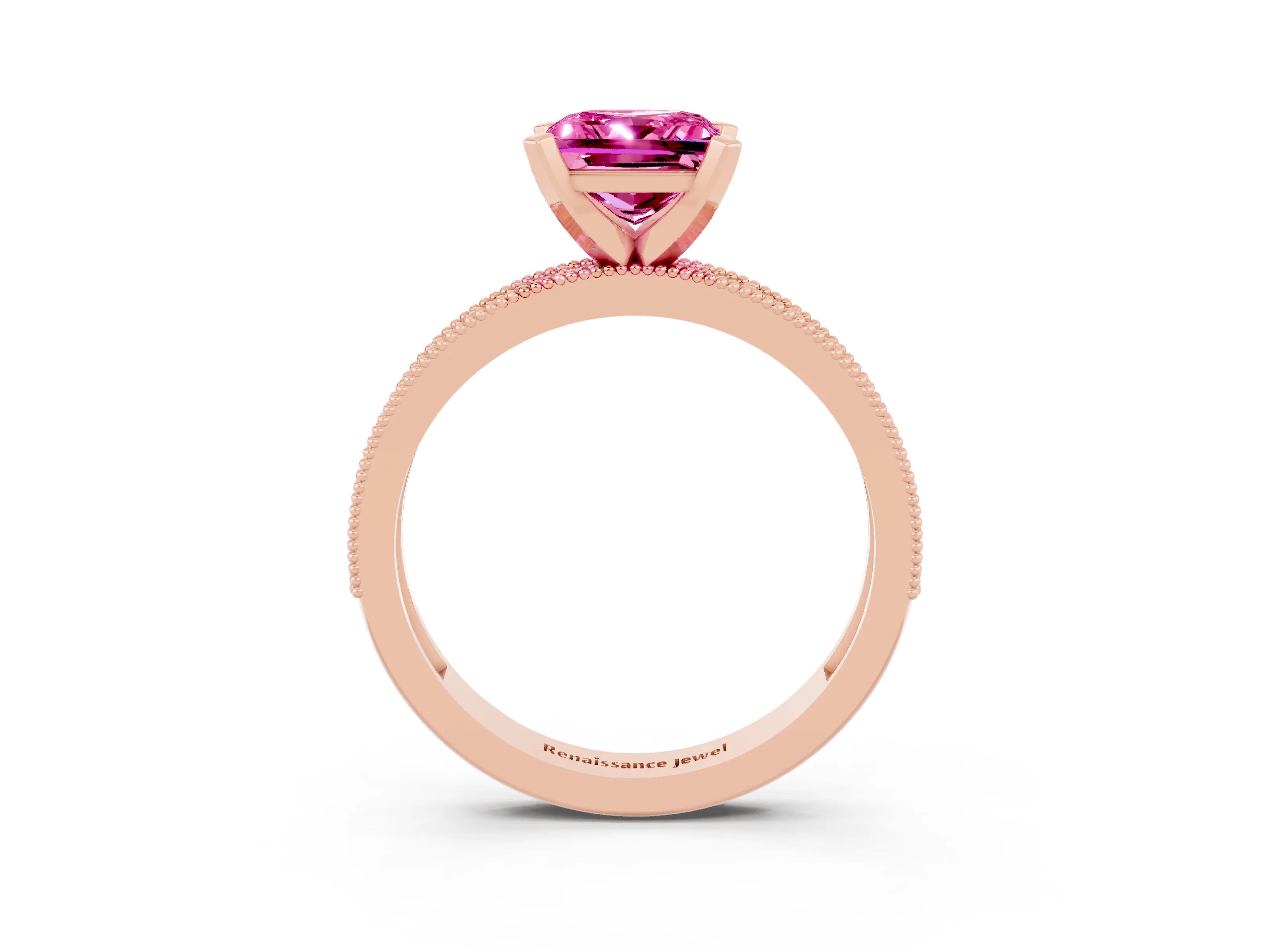 Rose gold Princess Cut Pink Sapphire Milgrain Pavé Engagement Ring with Four-Prong Setting_39
