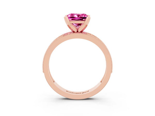 Rose gold Princess Cut Pink Sapphire Milgrain Pavé Engagement Ring with Four-Prong Setting