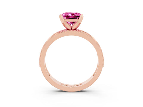 Rose gold Princess Cut Pink Sapphire Milgrain Pavé Engagement Ring with Four-Prong Setting_39