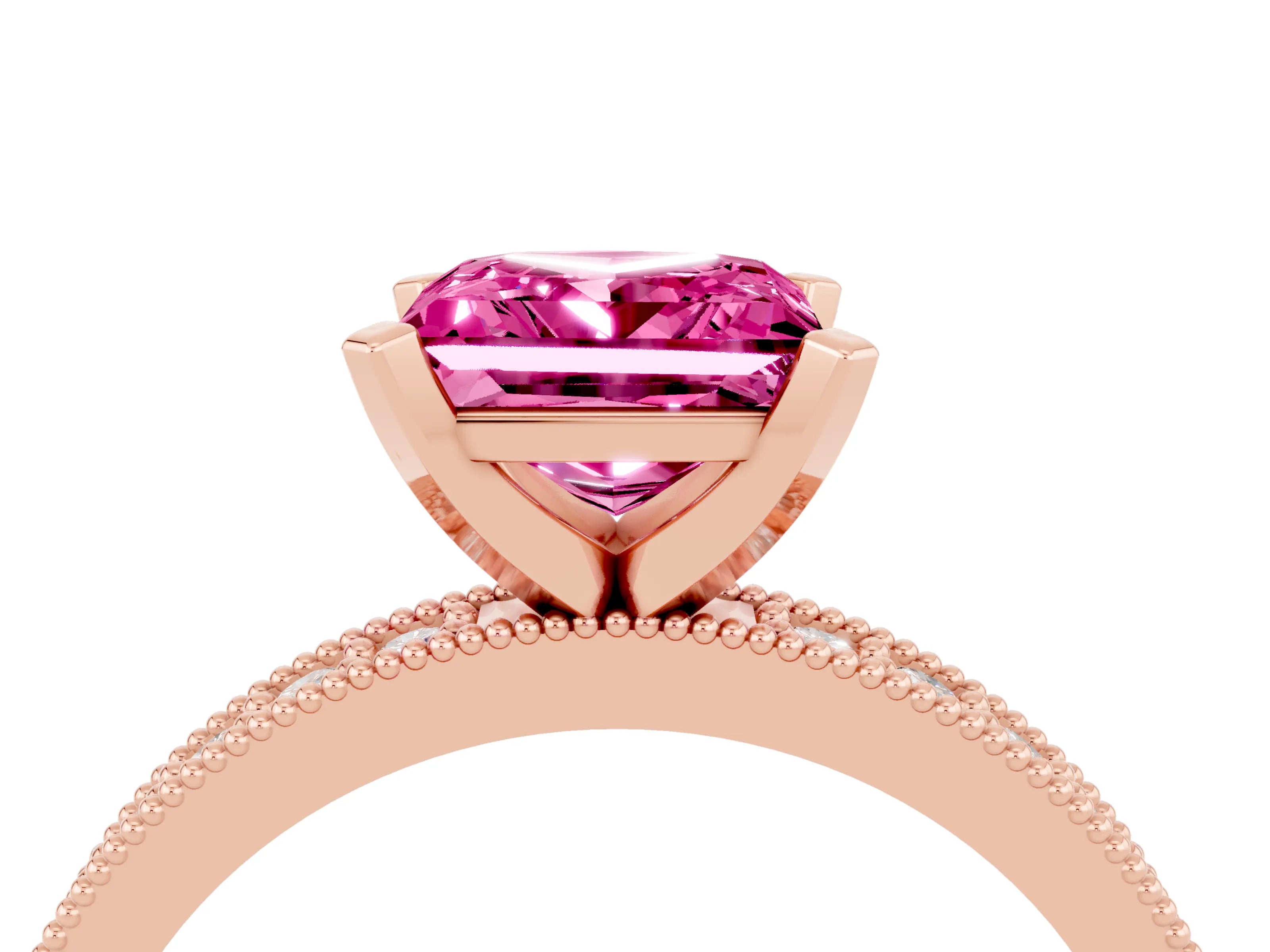 Rose gold Princess Cut Pink Sapphire Milgrain Pavé Engagement Ring with Four-Prong Setting_40