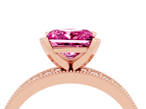 Rose gold Princess Cut Pink Sapphire Milgrain Pavé Engagement Ring with Four-Prong Setting_40