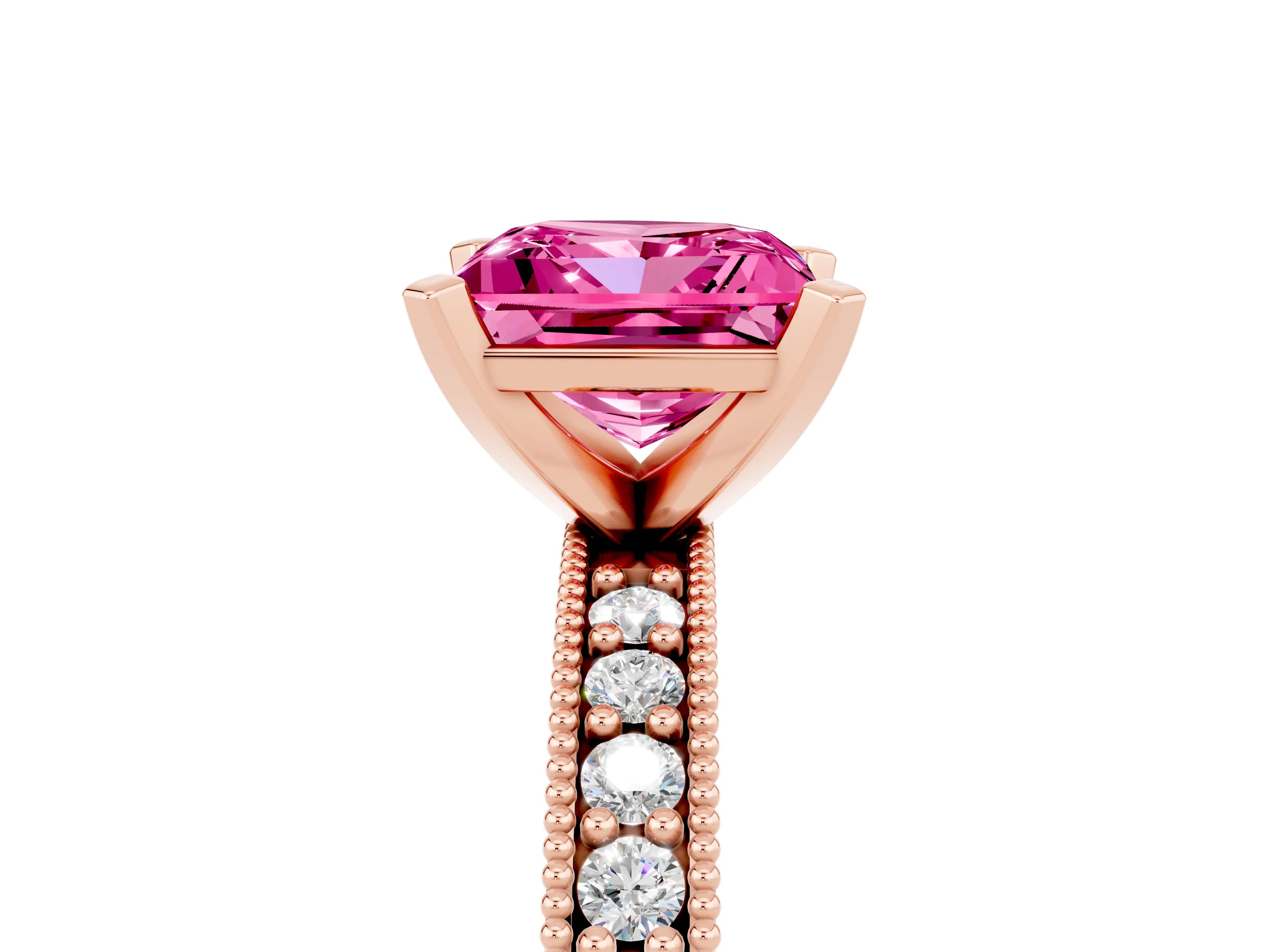 Rose gold Princess Cut Pink Sapphire Milgrain Pavé Engagement Ring with Four-Prong Setting_41