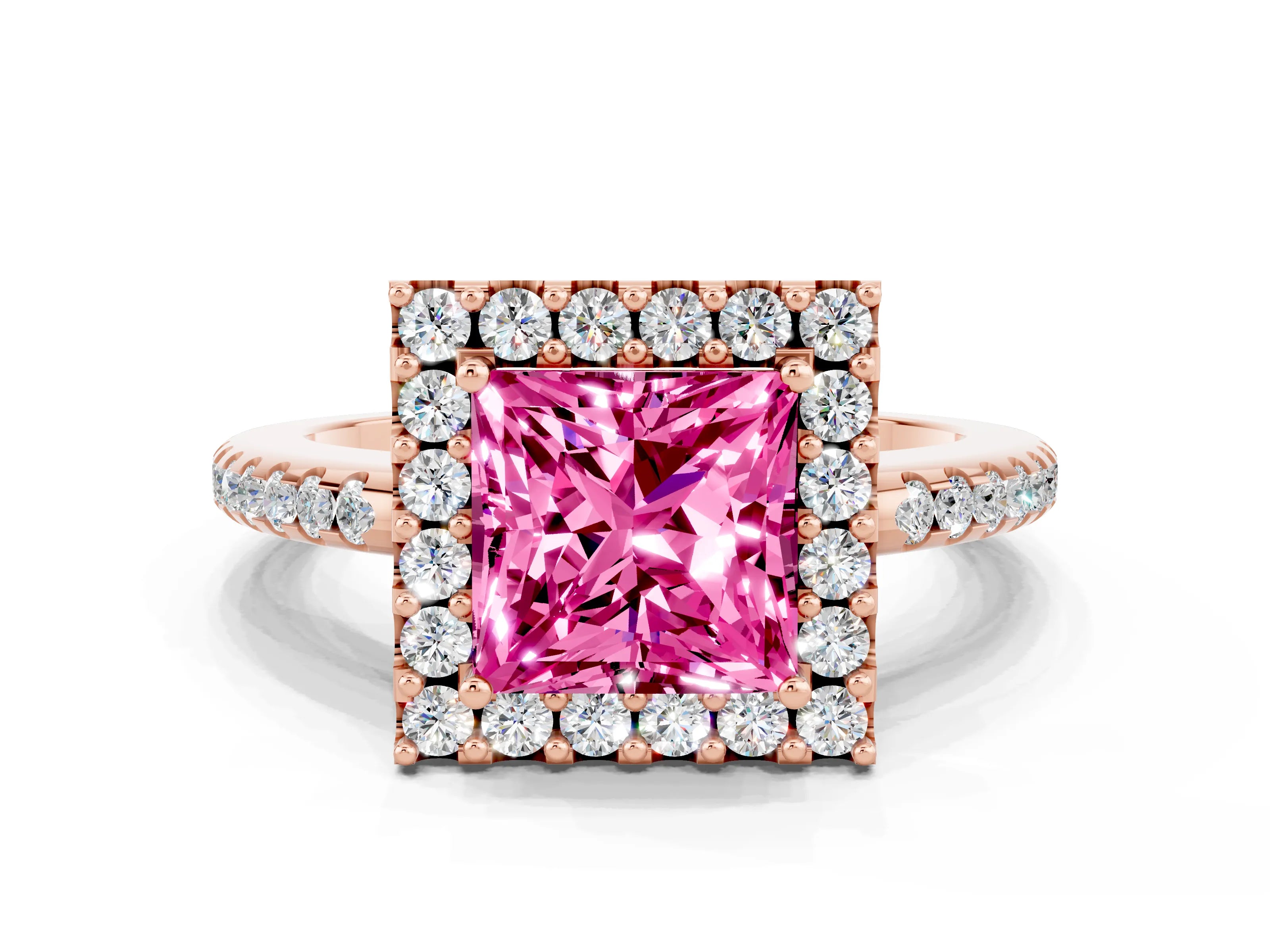 Rose gold Princess Cut Pink Sapphire Pavé Halo Ring with Four-Prong Setting_12