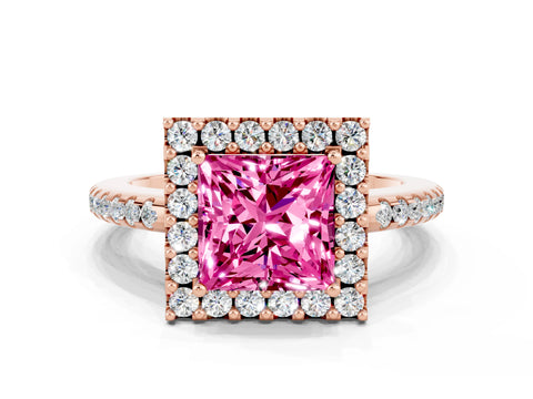 Rose gold Princess Cut Pink Sapphire Pavé Halo Ring with Four-Prong Setting_12