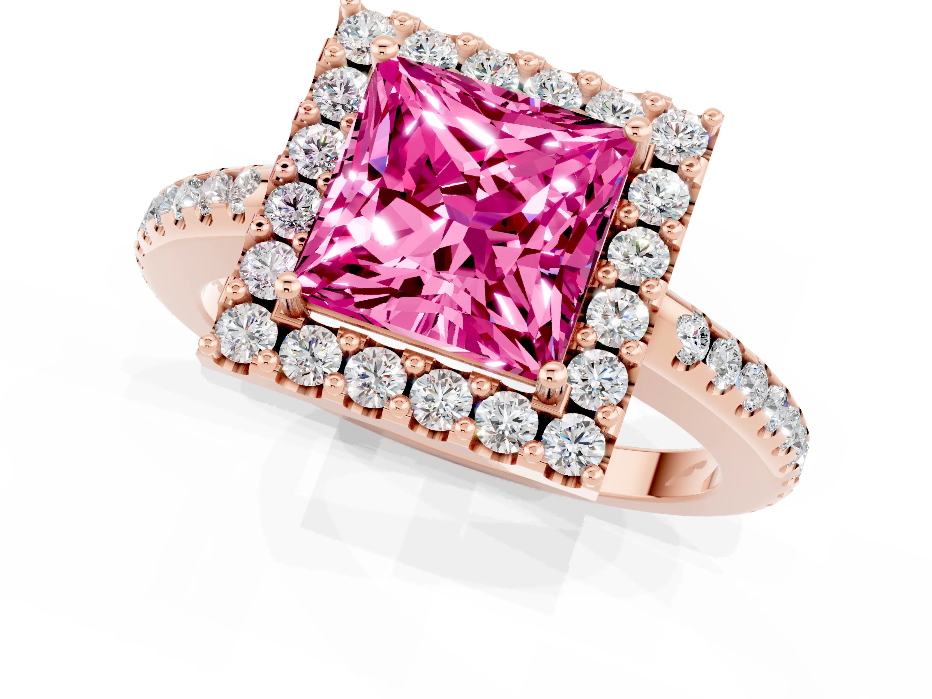 Rose gold Princess Cut Pink Sapphire Pavé Halo Ring with Four-Prong Setting_13