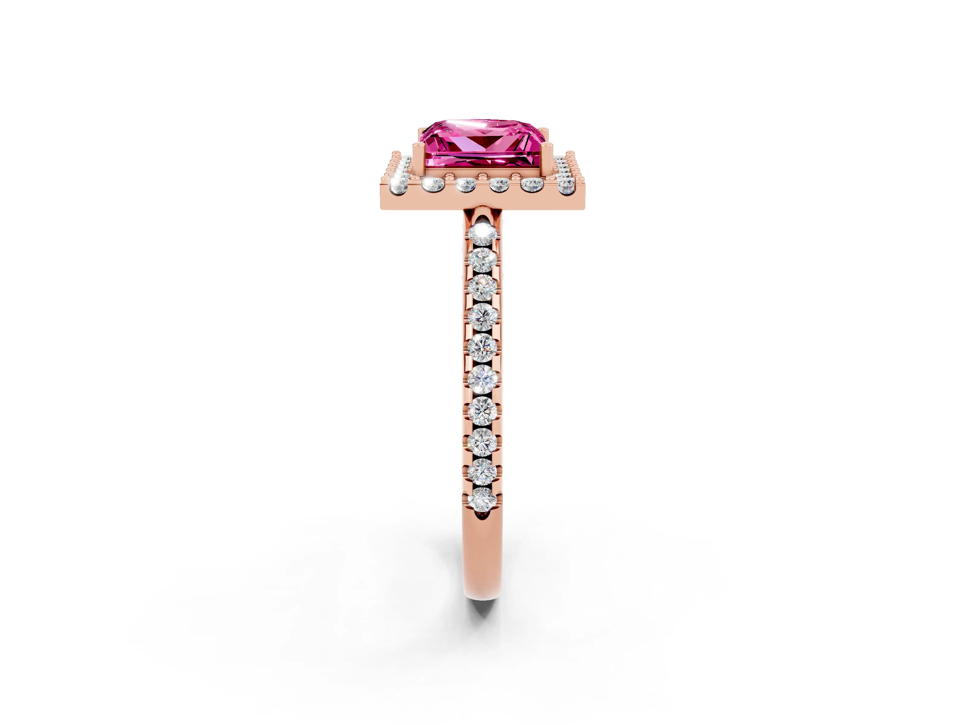 Rose gold Princess Cut Pink Sapphire Pavé Halo Ring with Four-Prong Setting_14