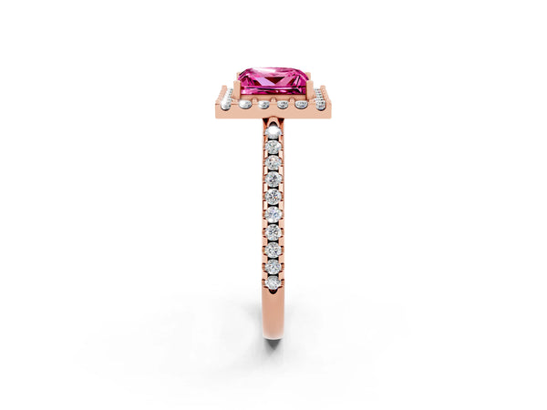 Rose gold Princess Cut Pink Sapphire Pavé Halo Ring with Four-Prong Setting