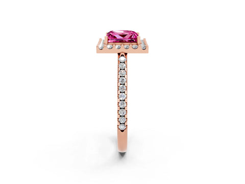 Rose gold Princess Cut Pink Sapphire Pavé Halo Ring with Four-Prong Setting_14