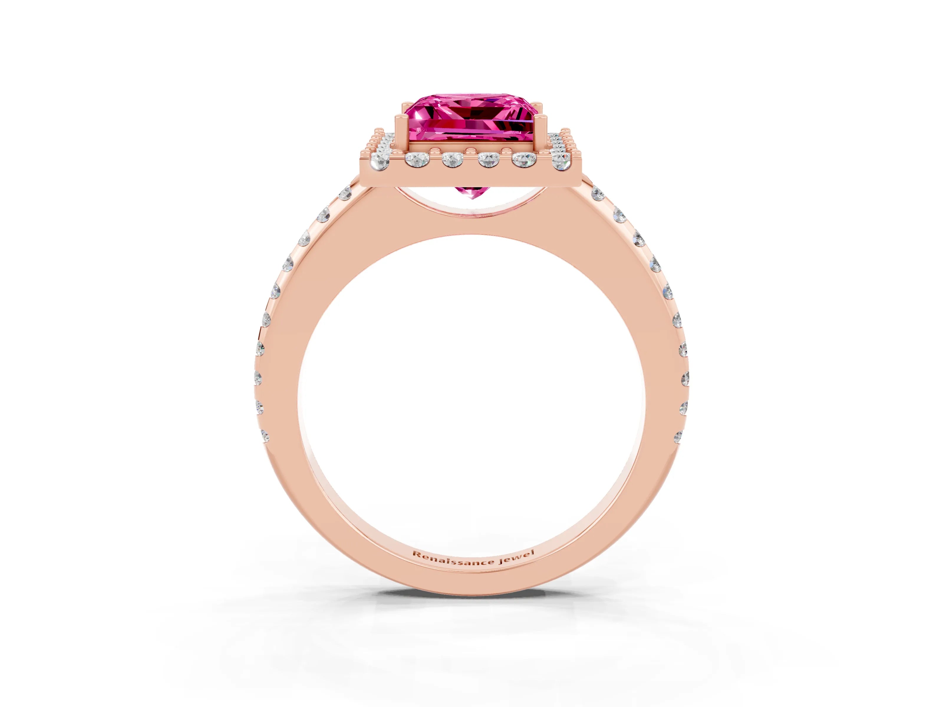 Rose gold Princess Cut Pink Sapphire Pavé Halo Ring with Four-Prong Setting_15