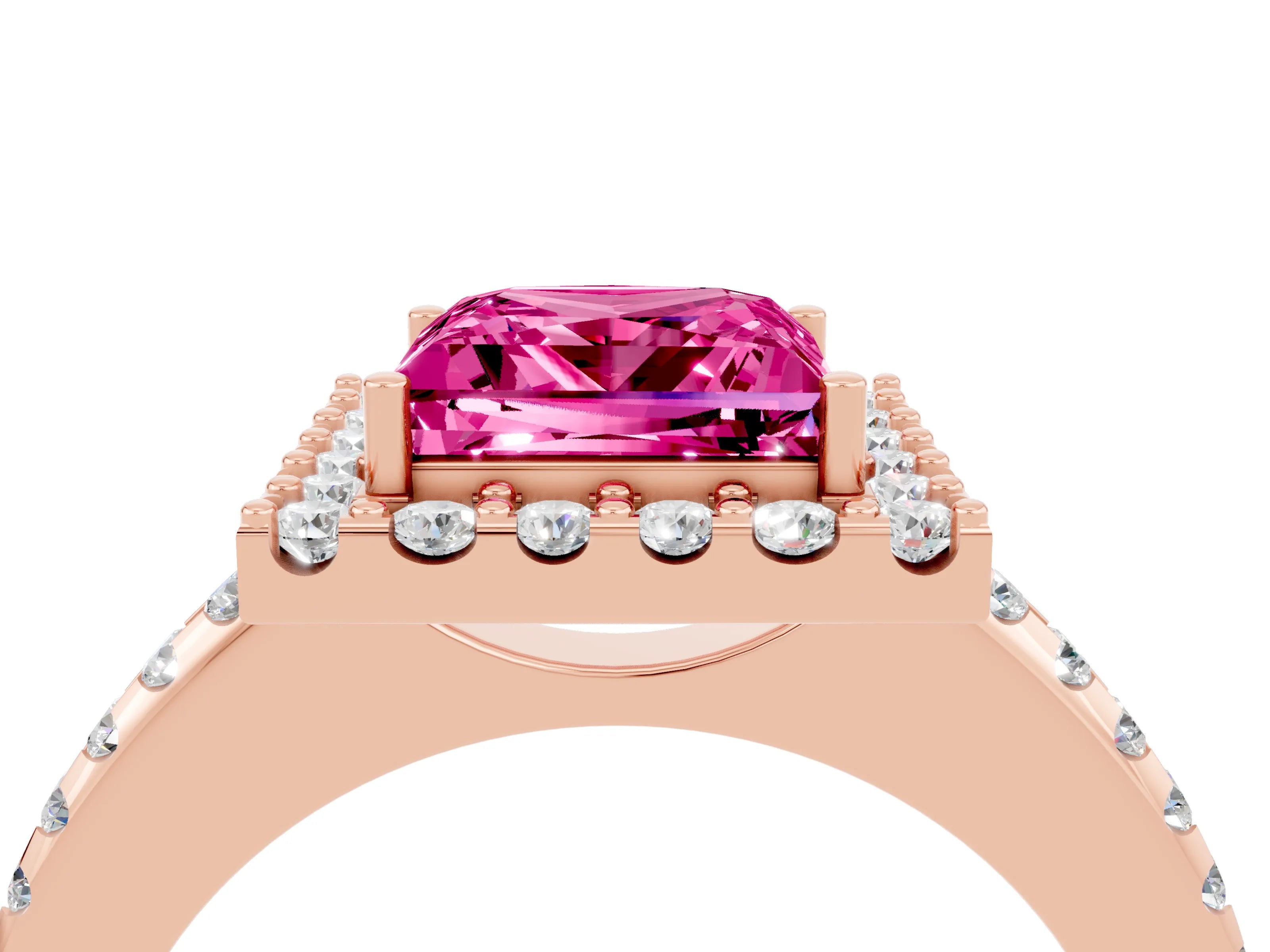 Rose gold Princess Cut Pink Sapphire Pavé Halo Ring with Four-Prong Setting_16