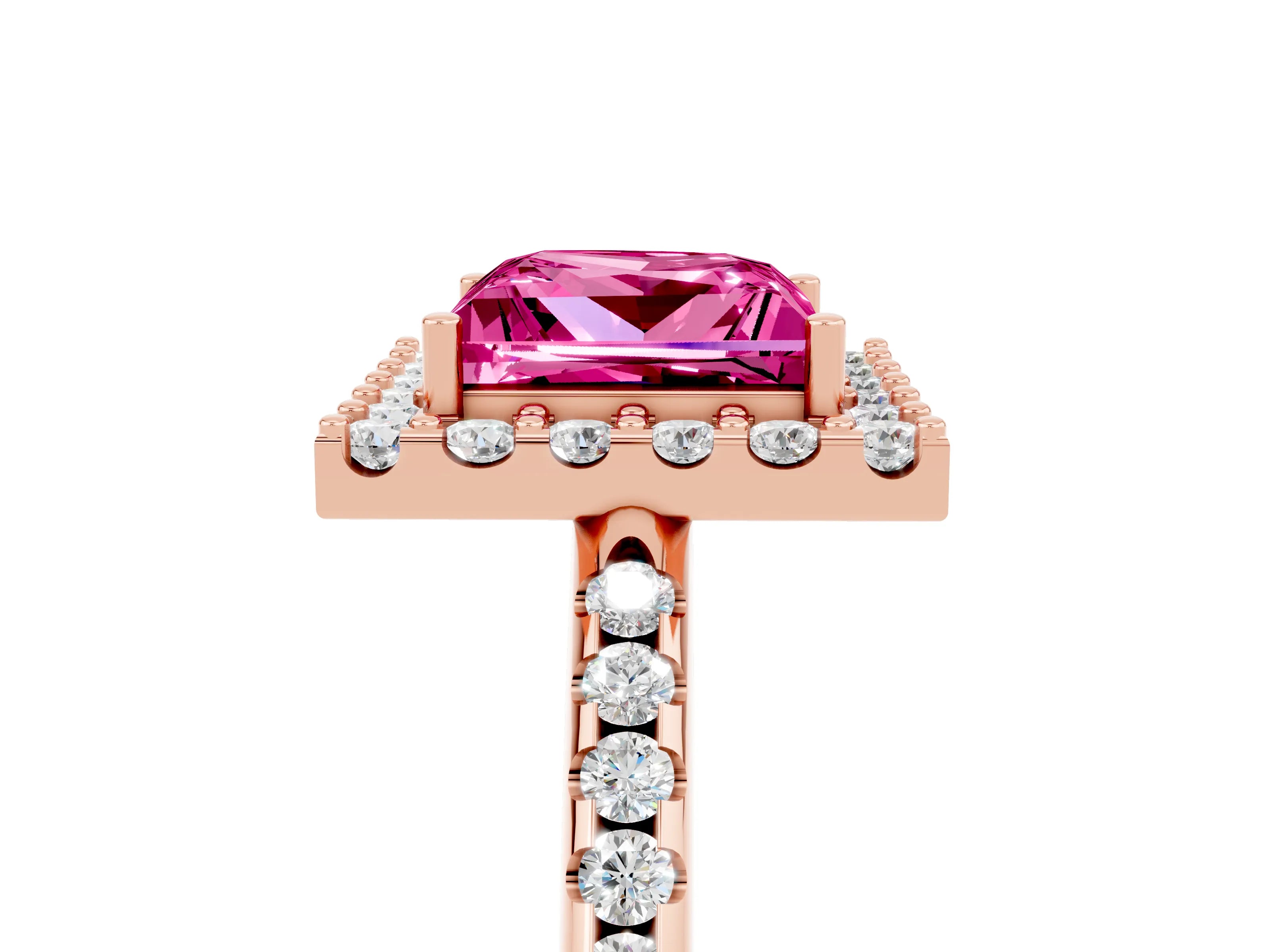 Rose gold Princess Cut Pink Sapphire Pavé Halo Ring with Four-Prong Setting_17