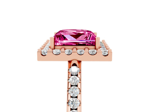 Rose gold Princess Cut Pink Sapphire Pavé Halo Ring with Four-Prong Setting_17