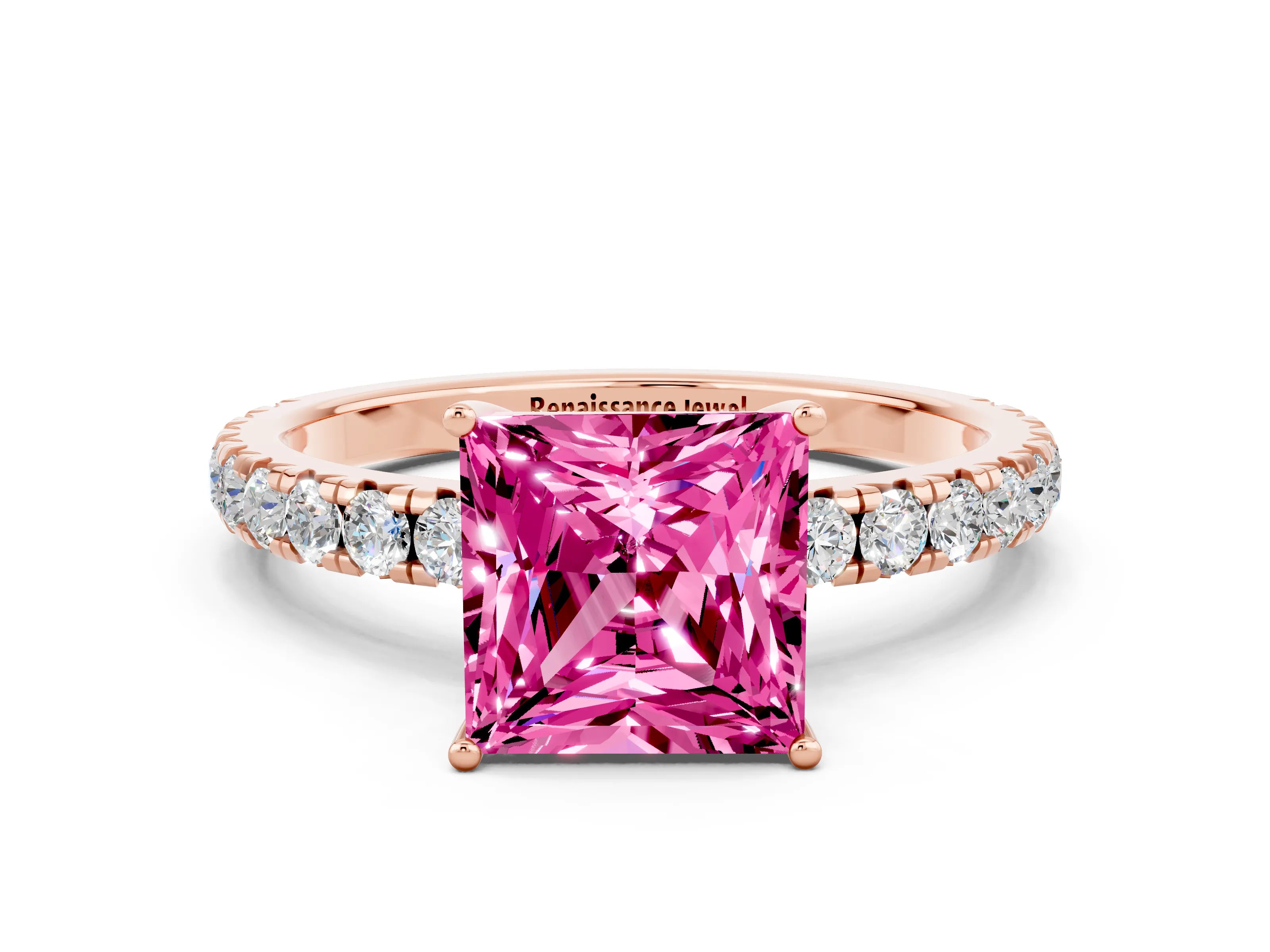 Rose gold Princess Cut Pink Sapphire Pavé Solitaire Engagement Ring with Four-Prong Setting_12