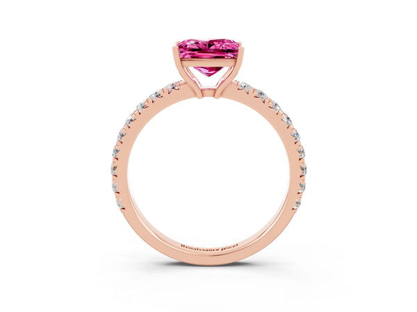 Rose gold Princess Cut Pink Sapphire Pavé Solitaire Engagement Ring with Four-Prong Setting