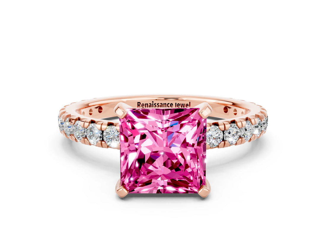 Rose gold Princess Cut Pink Sapphire Pavé Solitaire Ring with Round Band and Prong Setting_12