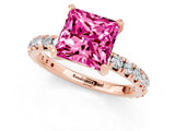Rose gold Princess Cut Pink Sapphire Pavé Solitaire Ring with Round Band and Prong Setting_13