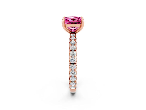 Rose Gold Princess Cut Lab-Grown Pink Sapphire Solitaire Engagement Ring with Shared Prong Pave Band