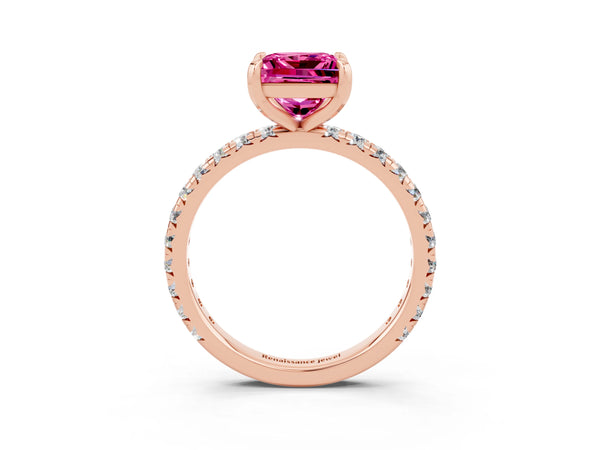 Rose Gold Princess Cut Lab-Grown Pink Sapphire Solitaire Engagement Ring with Shared Prong Pave Band