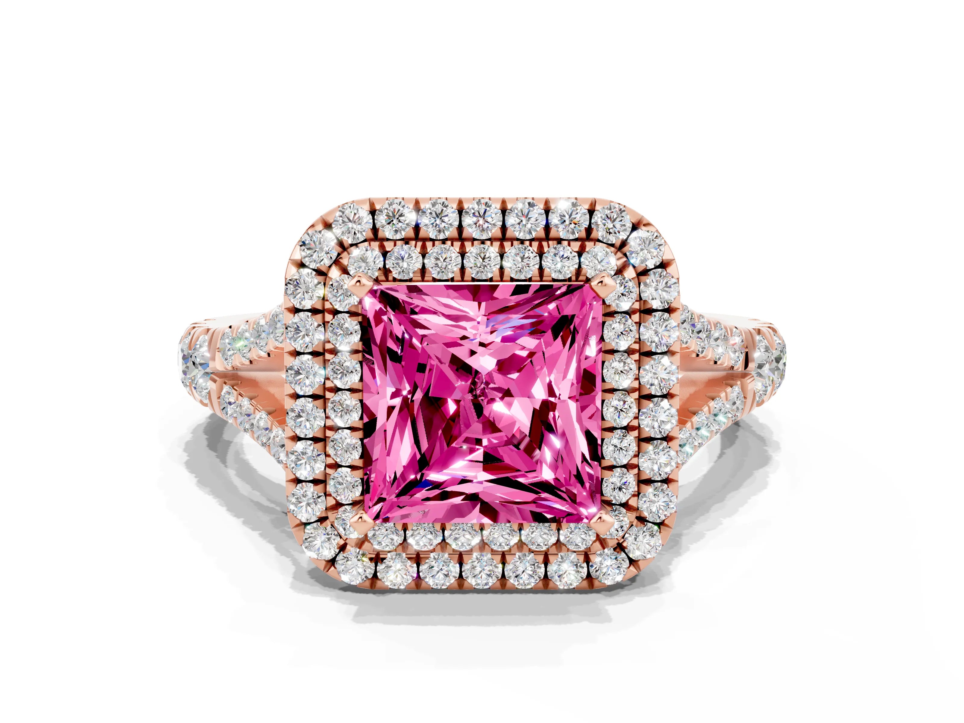 Rose gold Princess Cut Pink Sapphire Pavé Split Shank Double Halo Engagement Ring