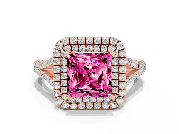Rose gold Princess Cut Pink Sapphire Pavé Split Shank Double Halo Engagement Ring