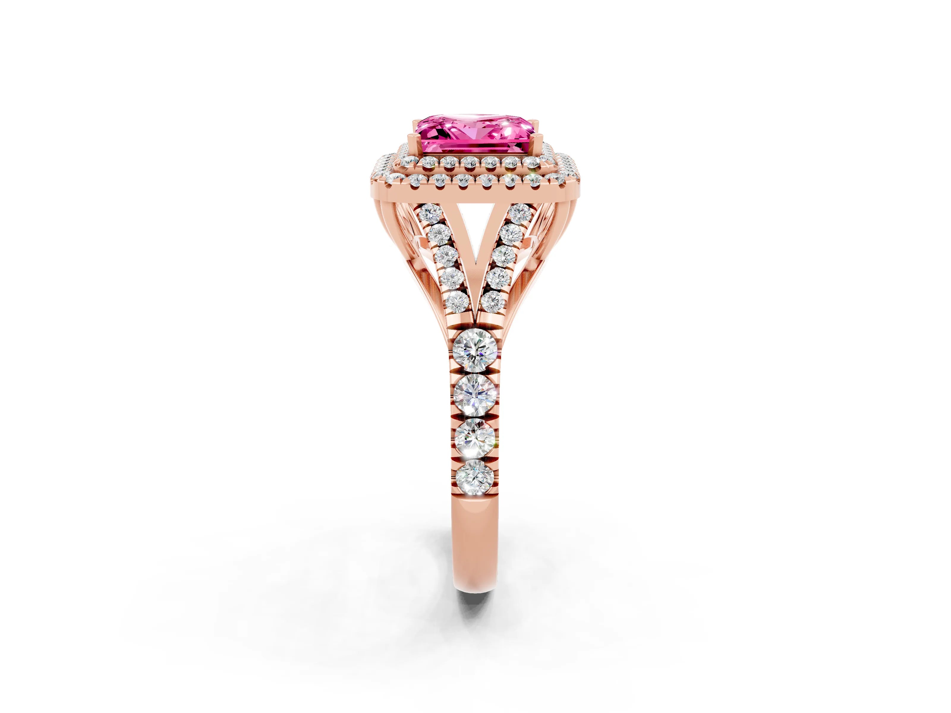 Rose gold Princess Cut Pink Sapphire Pavé Split Shank Double Halo Engagement Ring_2