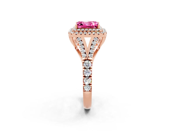 Rose gold Princess Cut Pink Sapphire Pavé Split Shank Double Halo Engagement Ring