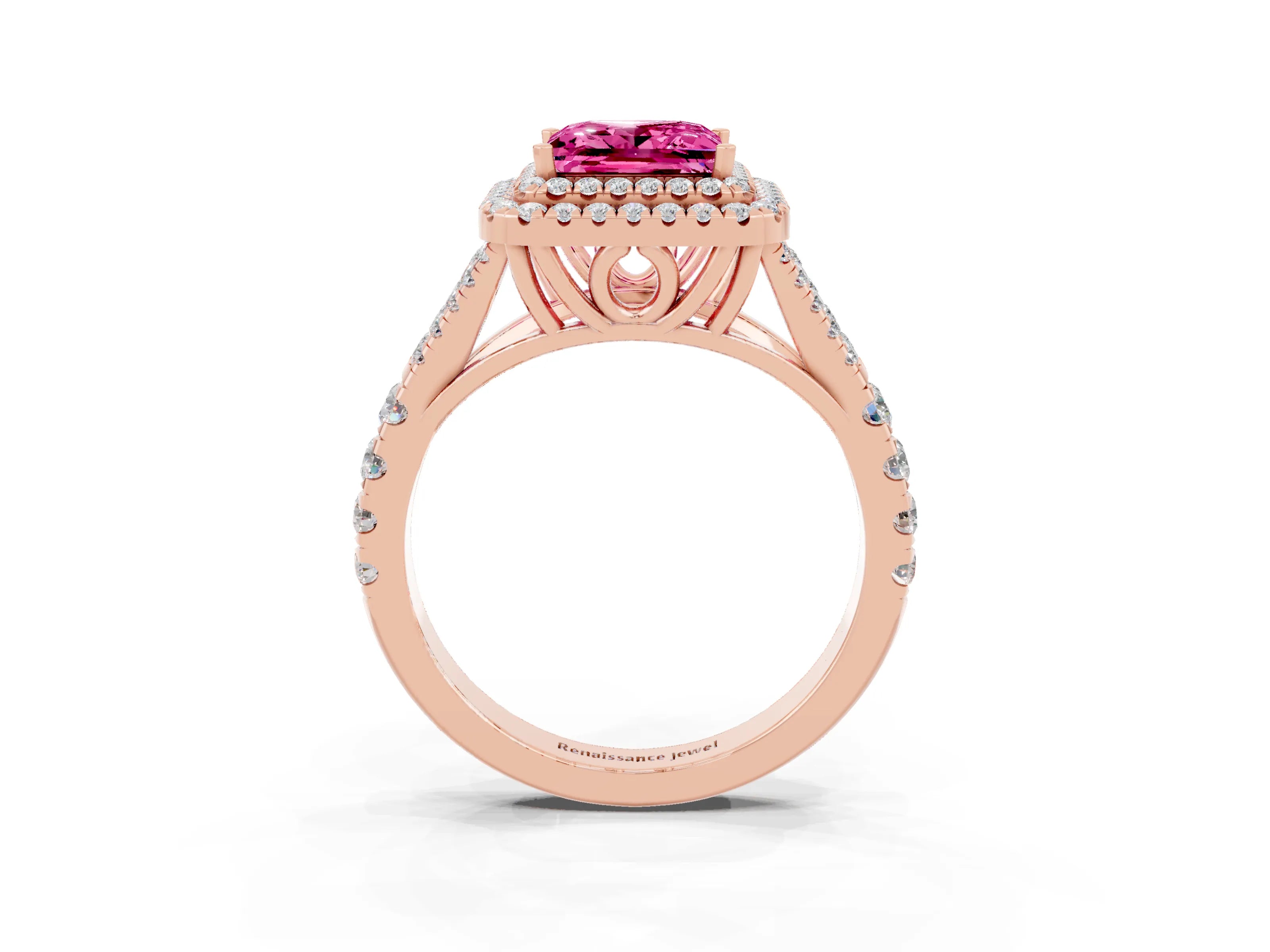 Rose gold Princess Cut Pink Sapphire Pavé Split Shank Double Halo Engagement Ring_3