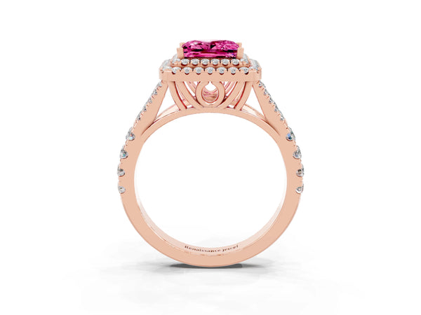 Rose gold Princess Cut Pink Sapphire Pavé Split Shank Double Halo Engagement Ring