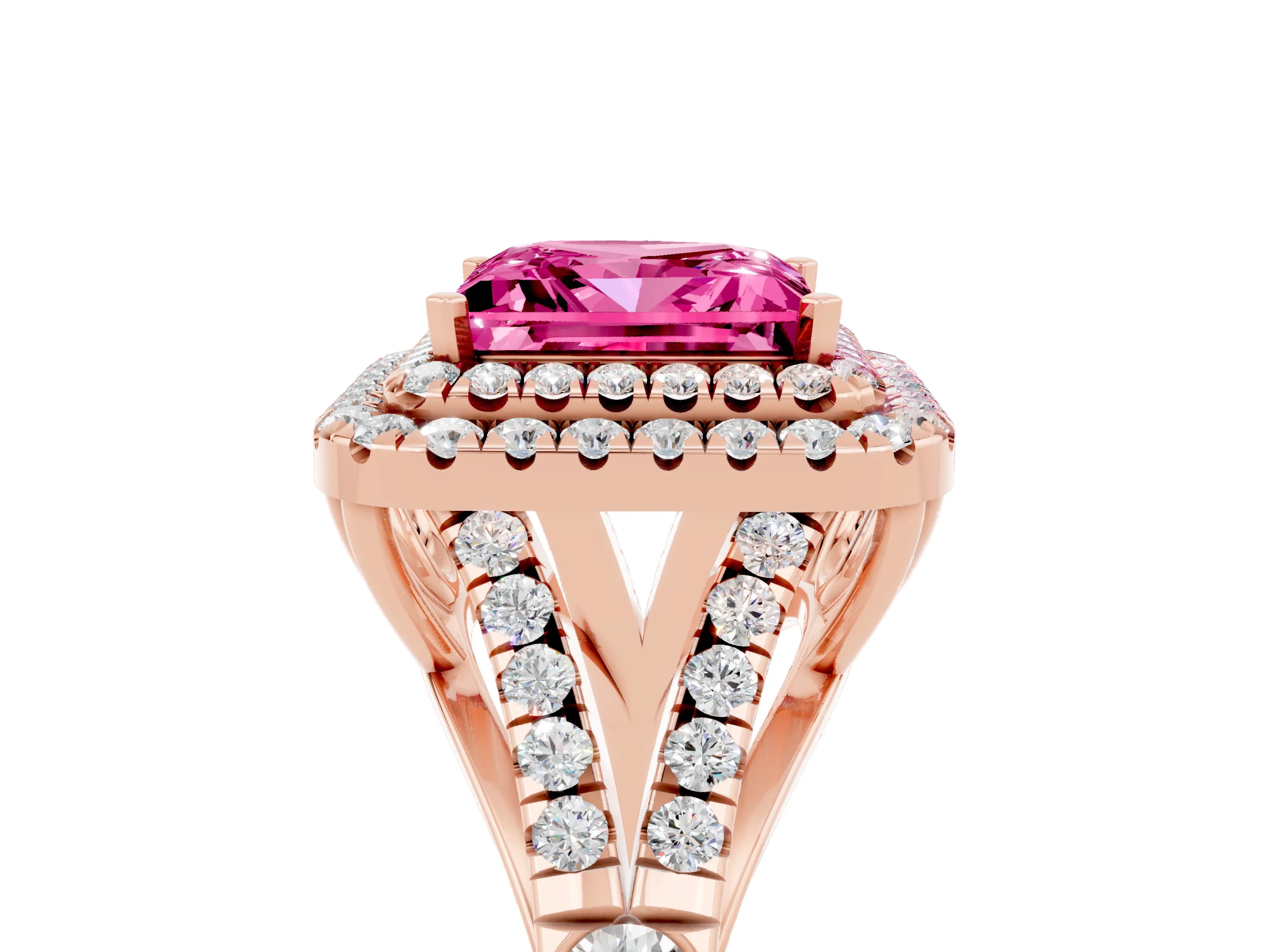 Rose gold Princess Cut Pink Sapphire Pavé Split Shank Double Halo Engagement Ring_5