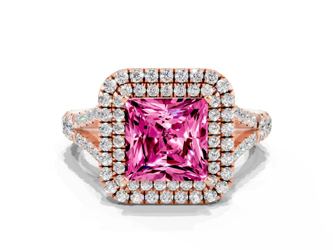 Rose gold Princess Cut Pink Sapphire Pavé Split Shank Double Halo Engagement Ring