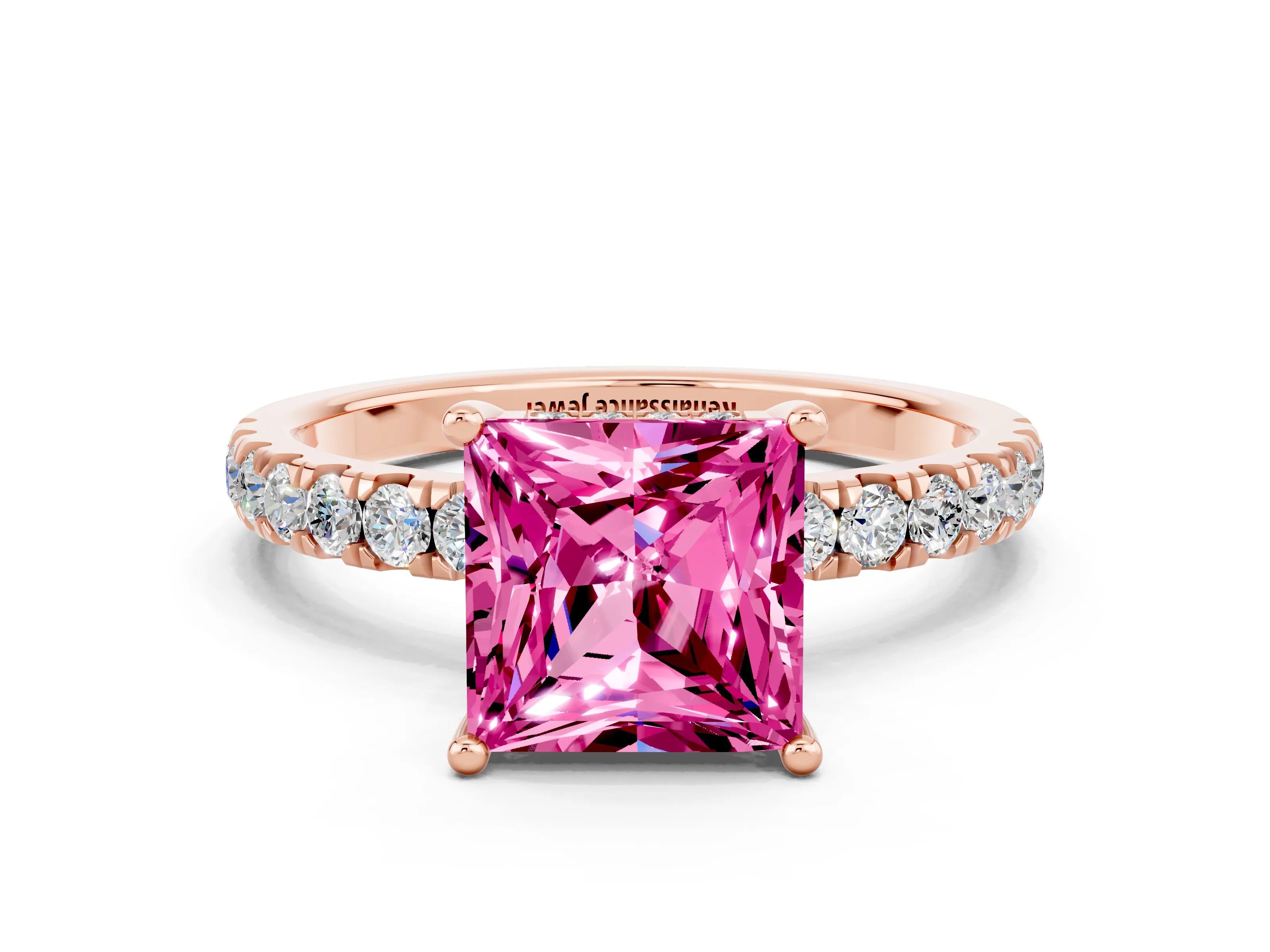 Rose gold Princess Cut Pink Sapphire Pave Band Solitaire Ring with Four-Prong Setting_72
