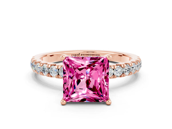 Rose gold Princess Cut Pink Sapphire Pave Band Solitaire Ring with Round  and Prong Setting
