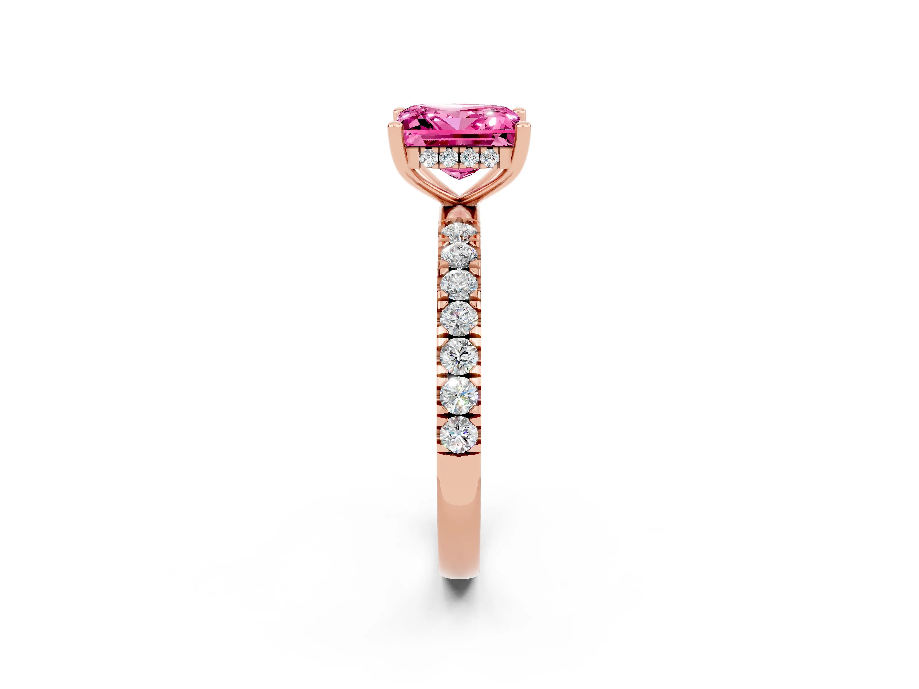 Rose gold Princess Cut Pink Sapphire Pave Band Solitaire Ring with Four-Prong Setting_74