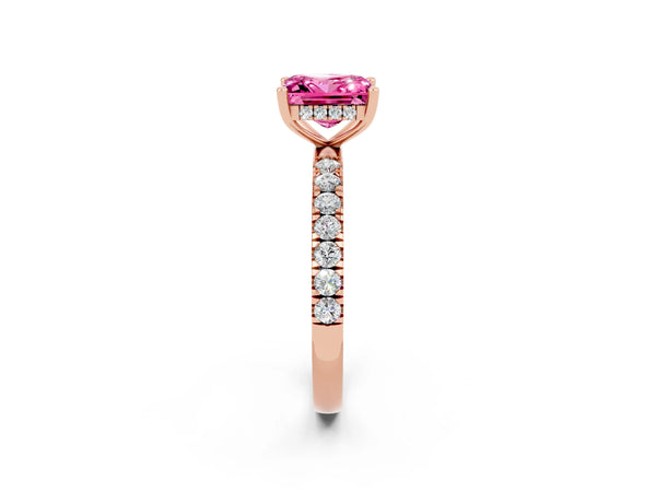 Rose gold Princess Cut Pink Sapphire Pave Band Solitaire Ring with Round  and Prong Setting