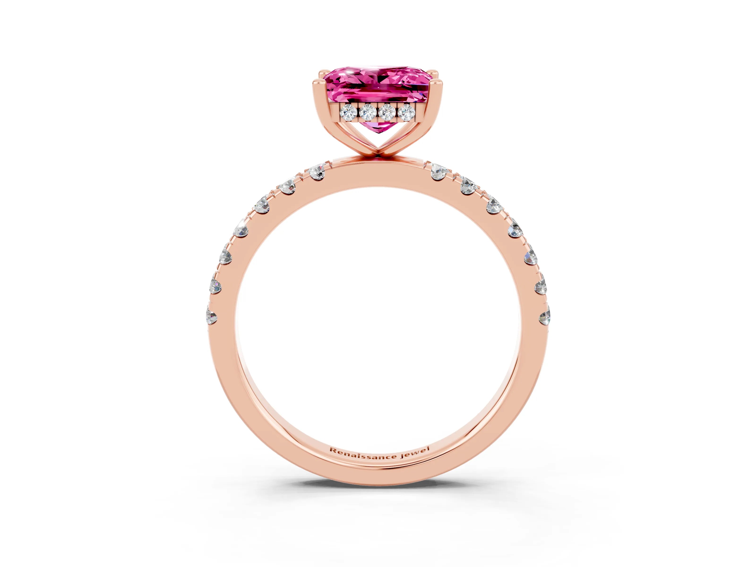 Rose gold Princess Cut Pink Sapphire Pave Band Solitaire Ring with Four-Prong Setting_75
