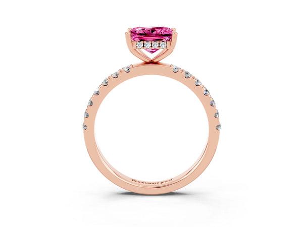 Rose gold Princess Cut Pink Sapphire Pave Band Solitaire Ring with Round  and Prong Setting