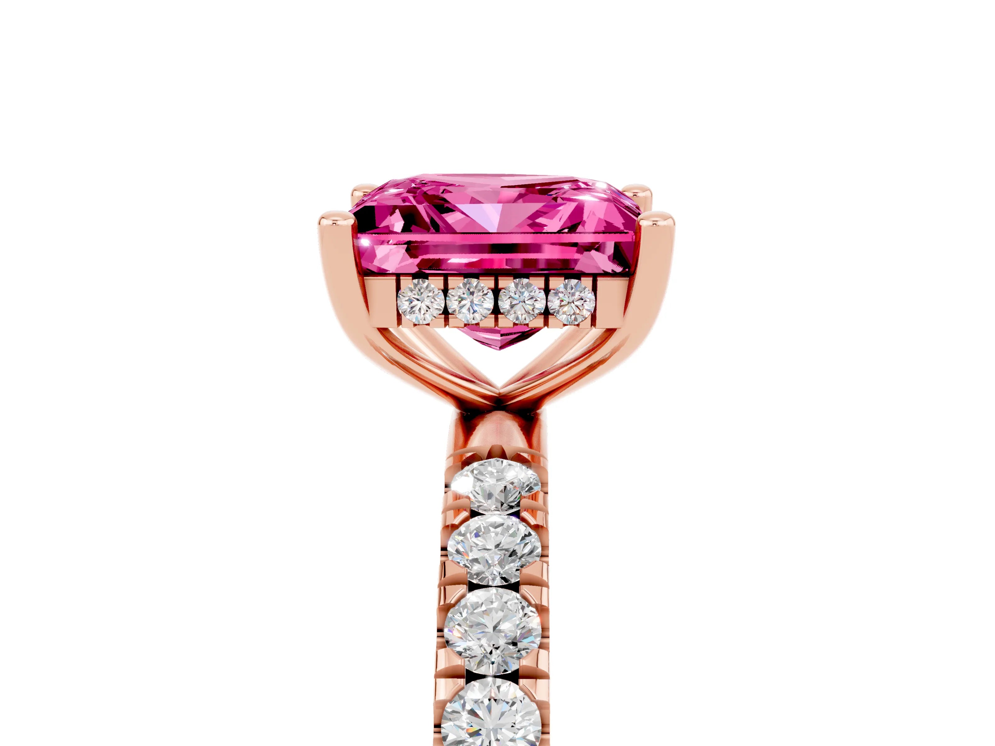 Rose gold Princess Cut Pink Sapphire Pave Band Solitaire Ring with Four-Prong Setting_77