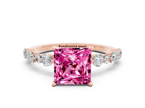 Rose gold Princess Cut Pink Sapphire Prong Set Engagement Ring with Pavé Band