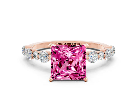 Rose gold Princess Cut Pink Sapphire Prong Set Engagement Ring with Pavé Band_12