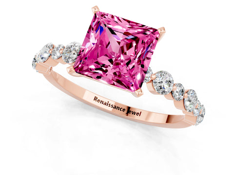 Rose gold Princess Cut Pink Sapphire Prong Set Engagement Ring with Pavé Band_13