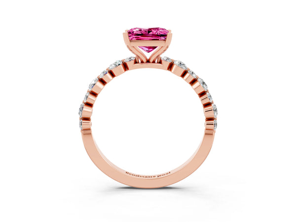 Rose gold Princess Cut Pink Sapphire Prong Set Engagement Ring with Pavé Band