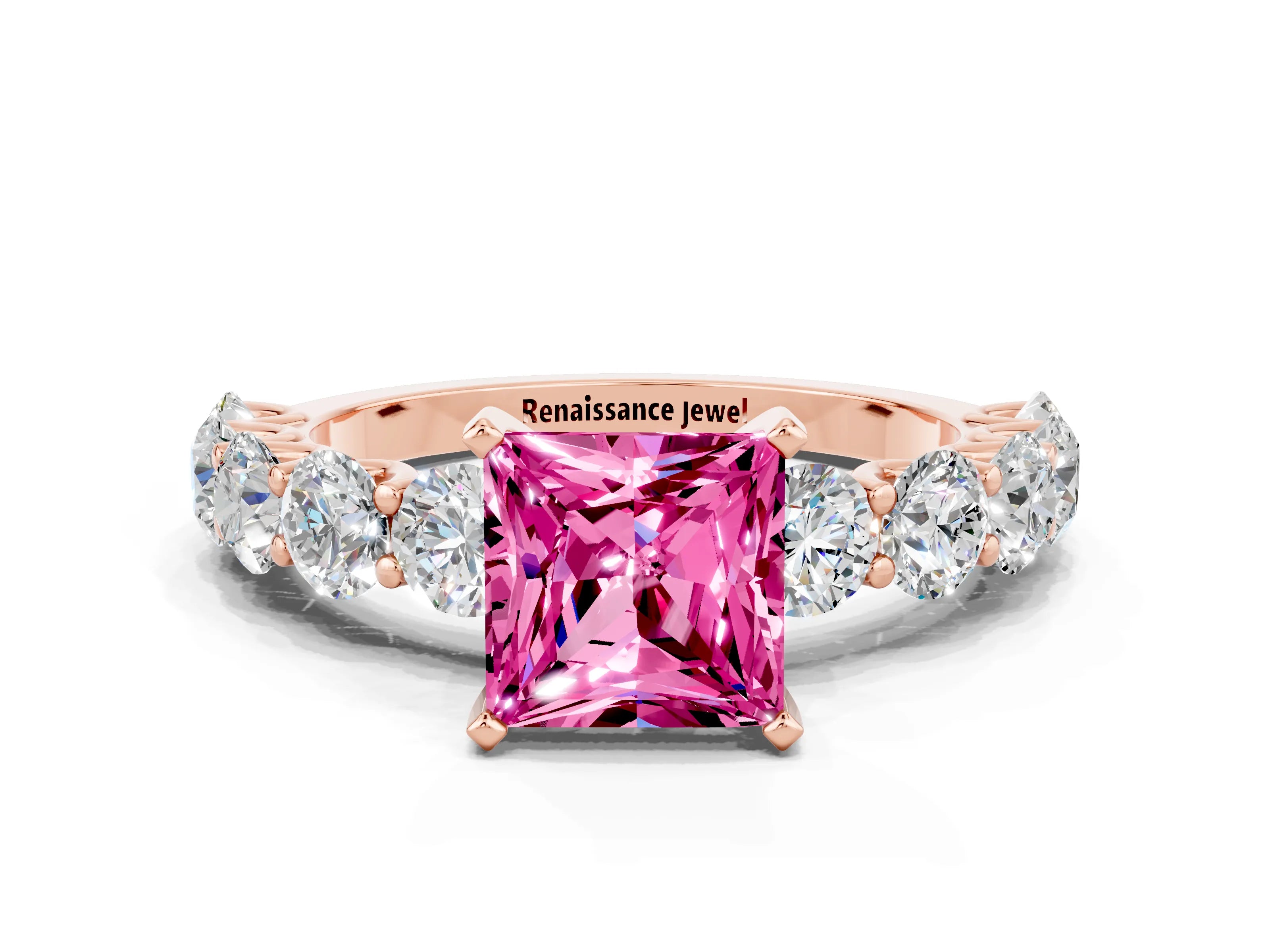 Rose gold Princess Cut Pink Sapphire Prong Setting with Side Stones on a Pave Band_24