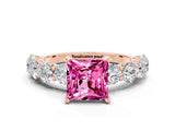 Rose gold Princess Cut Pink Sapphire Prong Setting with Side Stones on a Pave Band_24