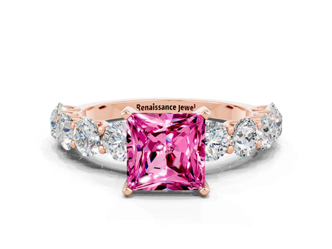 Rose gold Princess Cut Pink Sapphire Prong Setting with Side Stones on a Pave Band_24