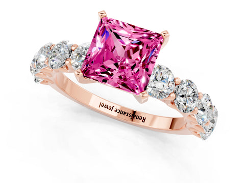 Rose gold Princess Cut Pink Sapphire Prong Setting with Side Stones on a Pave Band_25