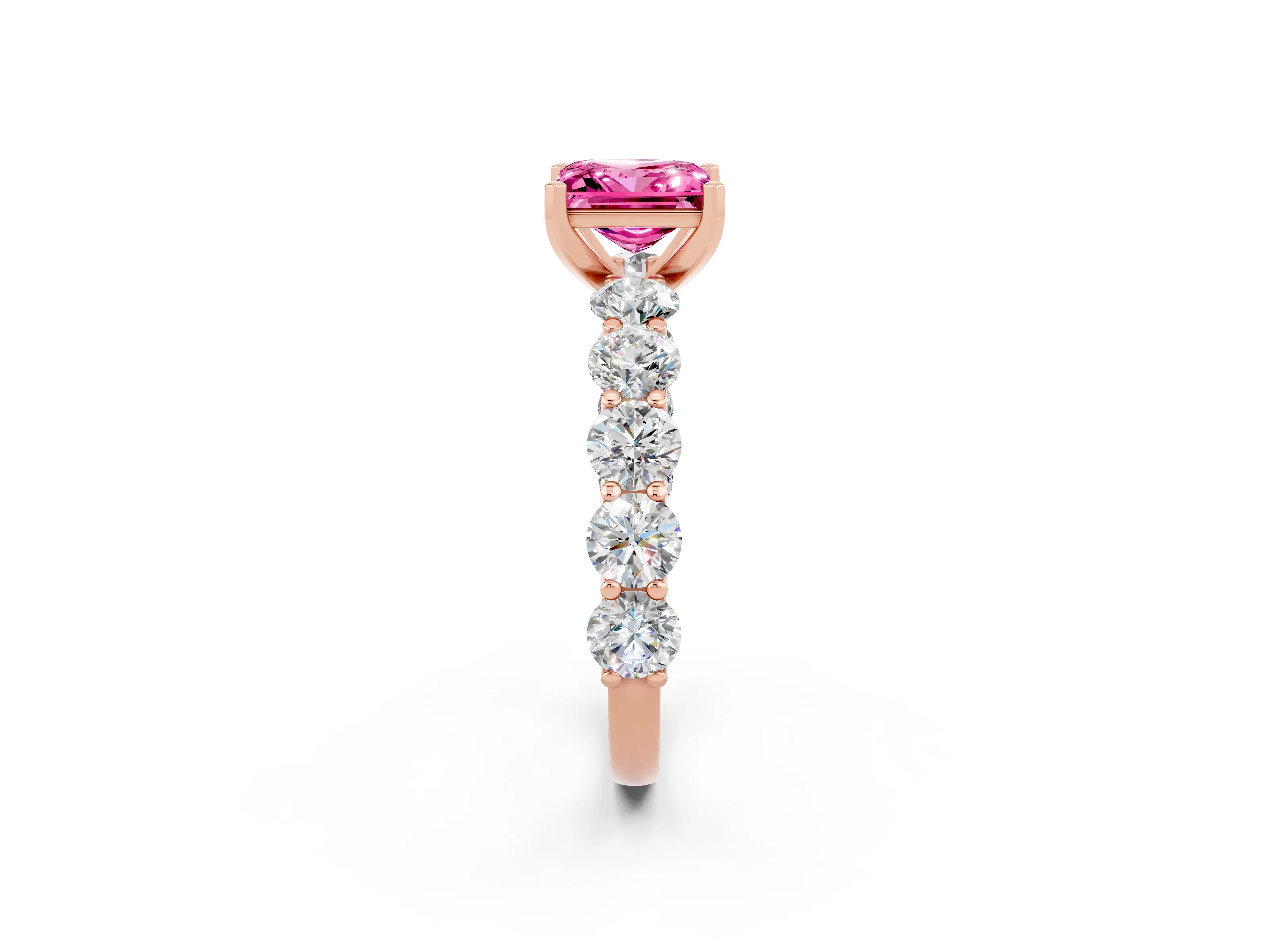 Rose gold Princess Cut Pink Sapphire Prong Setting with Side Stones on a Pave Band_26