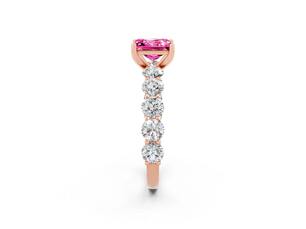Rose gold Princess Cut Pink Sapphire Prong Setting with Side Stones on a Pave Band