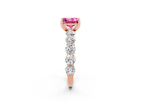Rose gold Princess Cut Pink Sapphire Prong Setting with Side Stones on a Pave Band_26