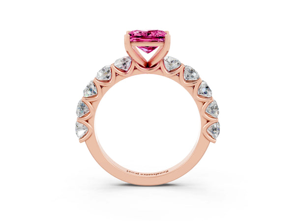 Rose gold Princess Cut Pink Sapphire Prong Setting with Side Stones on a Pave Band