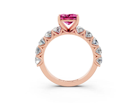 Rose gold Princess Cut Pink Sapphire Prong Setting with Side Stones on a Pave Band_27